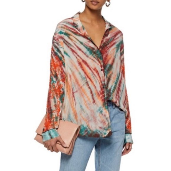 Sandro Paris Tops - Sandro Paris Goa Embellished Silk Long Sleeve Tie-Dye Beaded Shirt SZ 2 US M